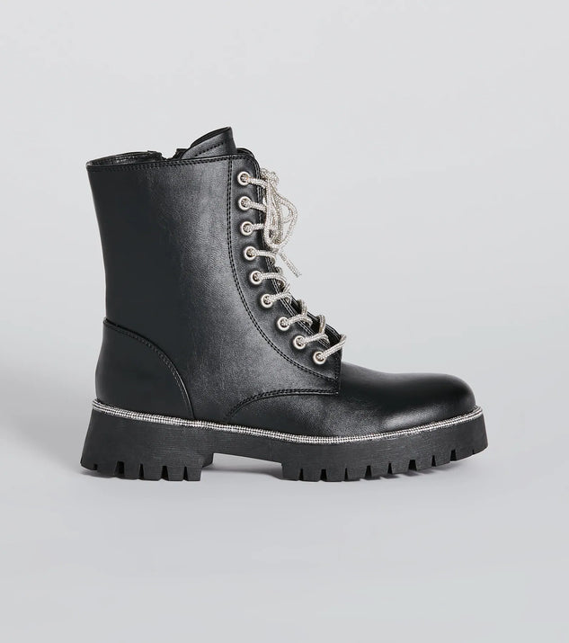 Glam Rockstar Rhinestone Lace-Up Combat Boots | Windsor