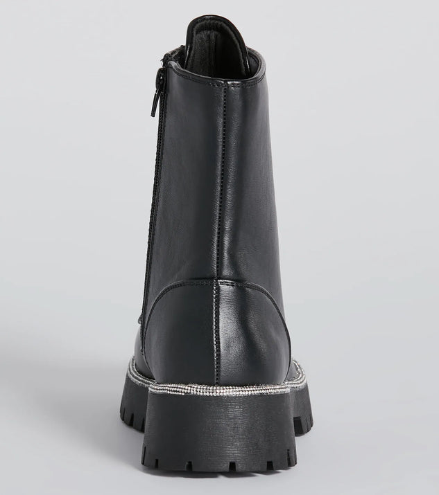 Glam Rockstar Rhinestone Lace-Up Combat Boots | Windsor