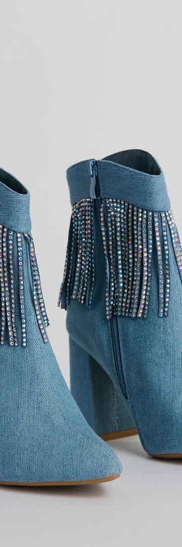Glam Digs Rhinestone Fringe Western Denim Booties