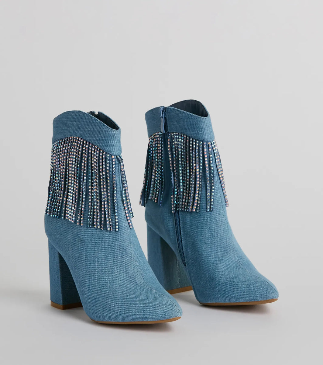 Glam Digs Rhinestone Fringe Western Denim Booties & Windsor