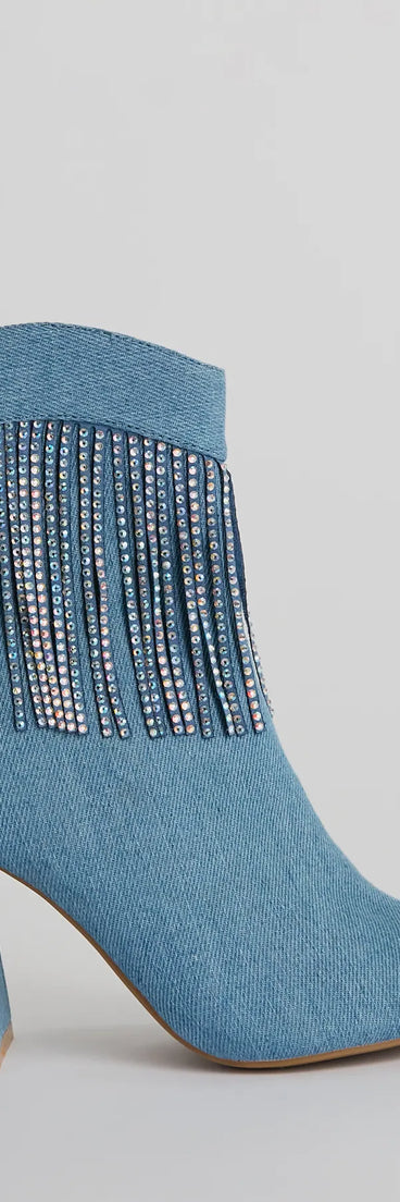 Glam Digs Rhinestone Fringe Western Denim Booties