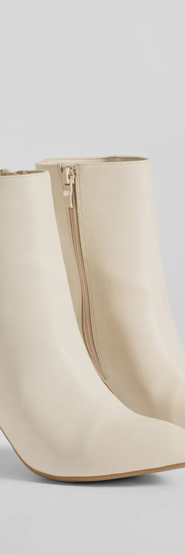 Made For Struttin' Basic Faux Leather Booties, a trendy ivory addition to women's going-out outfits, is ideal for Christmas party outfits, chic NYE attire, or winter night-out looks that keep you on-trend!