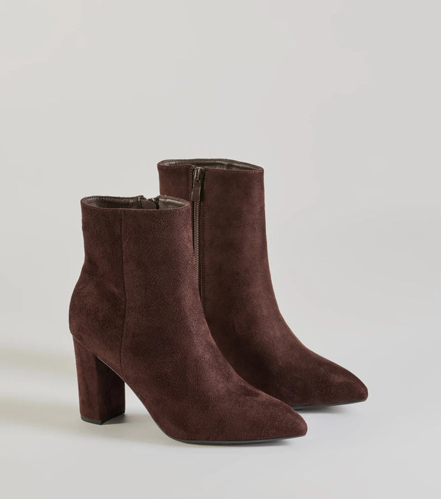 Stylish Staple Faux Suede Block Heel Booties, a trendy brown addition to women's going-out outfits, is ideal for Christmas party outfits, chic NYE attire, or winter night-out looks that keep you on-trend!