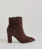 Stylish Staple Faux Suede Block Heel Booties, a trendy brown addition to women's going-out outfits, is ideal for Christmas party outfits, chic NYE attire, or winter night-out looks that keep you on-trend!