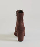 Stylish Staple Faux Suede Block Heel Booties, a trendy brown addition to women's going-out outfits, is ideal for Christmas party outfits, chic NYE attire, or winter night-out looks that keep you on-trend!