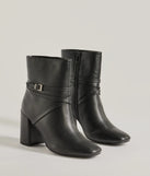 The Stylish Stride Strappy Faux Leather Booties are women's black shoes for work, featuring a sleek silhouette and cushioned sole for all-day comfort, and are a trendy choice for professional or business casual outfits.