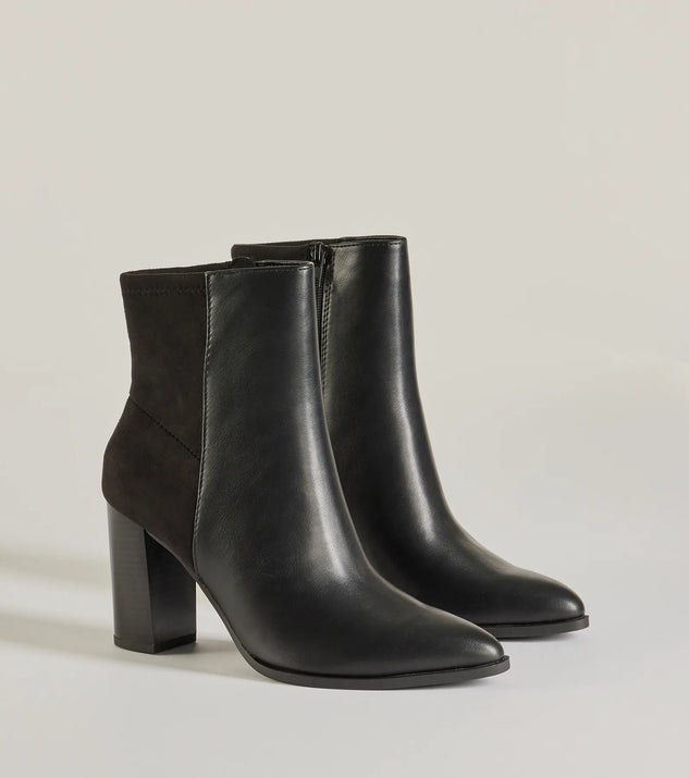 Chic Staple Faux Leather and Faux Suede Ankle Booties, a trendy black addition to women's going-out outfits, is ideal for Christmas party outfits, chic NYE attire, or winter night-out looks that keep you on-trend!