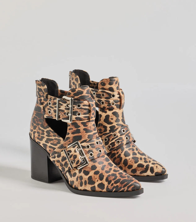Edgy Stride Buckle Strap Ankle Booties, a trendy leopard print addition to women's going-out outfits, is ideal for Christmas party outfits, chic NYE attire, or winter night-out looks that keep you on-trend!