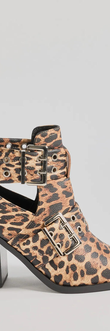 Edgy Stride Buckle Strap Ankle Booties, a trendy leopard print addition to women's going-out outfits, is ideal for Christmas party outfits, chic NYE attire, or winter night-out looks that keep you on-trend!