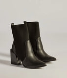 Runway Ready Faux Leather And Knit Ankle Booties, a trendy black addition to women's going-out outfits, is ideal for Christmas party outfits, chic NYE attire, or winter night-out looks that keep you on-trend!