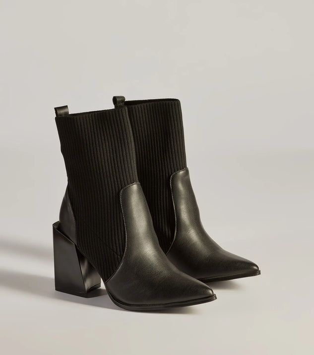 Runway Ready Faux Leather And Knit Ankle Booties, a trendy black addition to women's going-out outfits, is ideal for Christmas party outfits, chic NYE attire, or winter night-out looks that keep you on-trend!