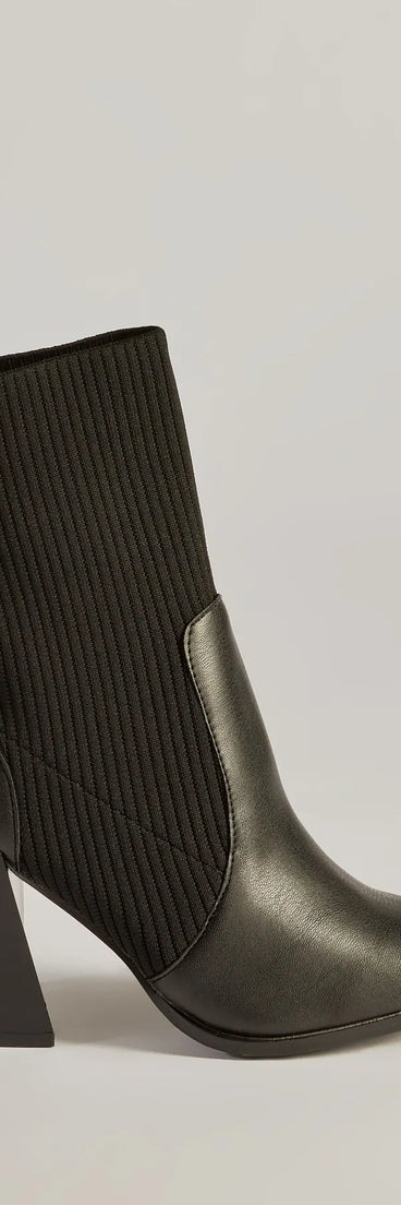 Runway Ready Faux Leather And Knit Ankle Booties, a trendy black addition to women's going-out outfits, is ideal for Christmas party outfits, chic NYE attire, or winter night-out looks that keep you on-trend!