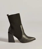 Runway Ready Faux Leather And Knit Ankle Booties, a trendy black addition to women's going-out outfits, is ideal for Christmas party outfits, chic NYE attire, or winter night-out looks that keep you on-trend!