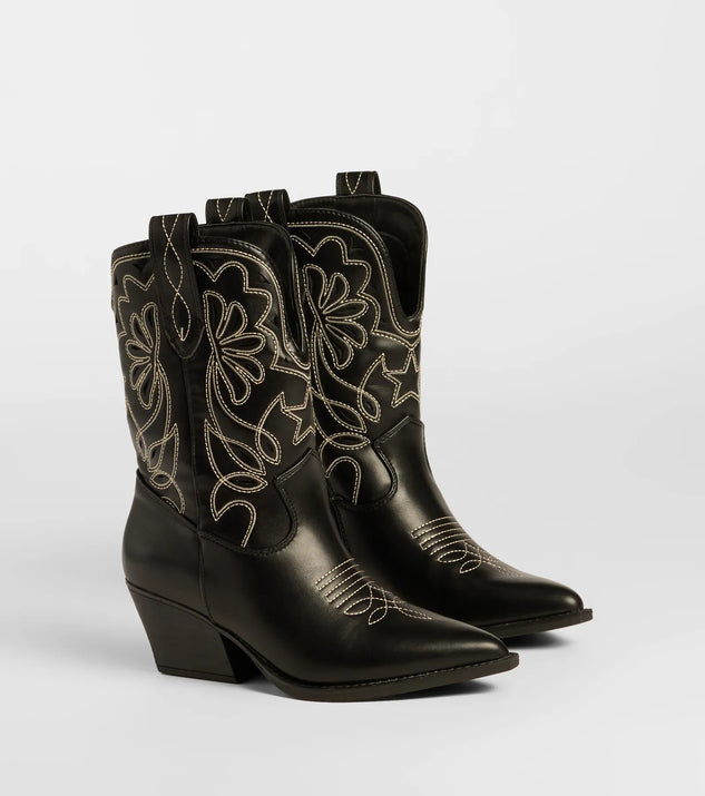 The Saddled Up Western Embroidered Cowboy Boots in black brings edge and energy to your vibe, ready to elevate any festival look or concert outfit.