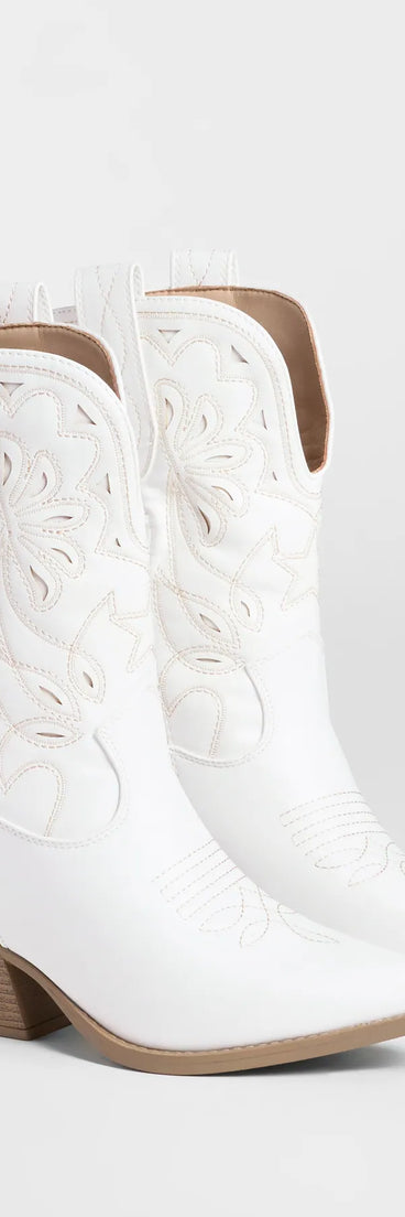 The Saddled Up Western Embroidered Cowboy Boots in white brings edge and energy to your vibe, ready to elevate any festival look or concert outfit.