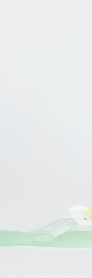 Elevate warm-weather looks with On Vacay Flower Strap Jelly Sandals in mint green, a pair of trendy sandals bringing chic, modern flair to every step.