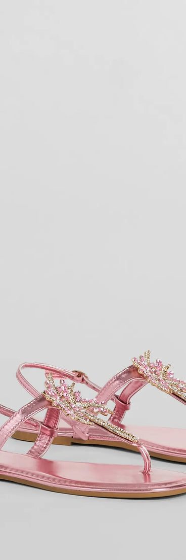 Beachy Glam Rhinestone Palm Tree Metallic Sandals