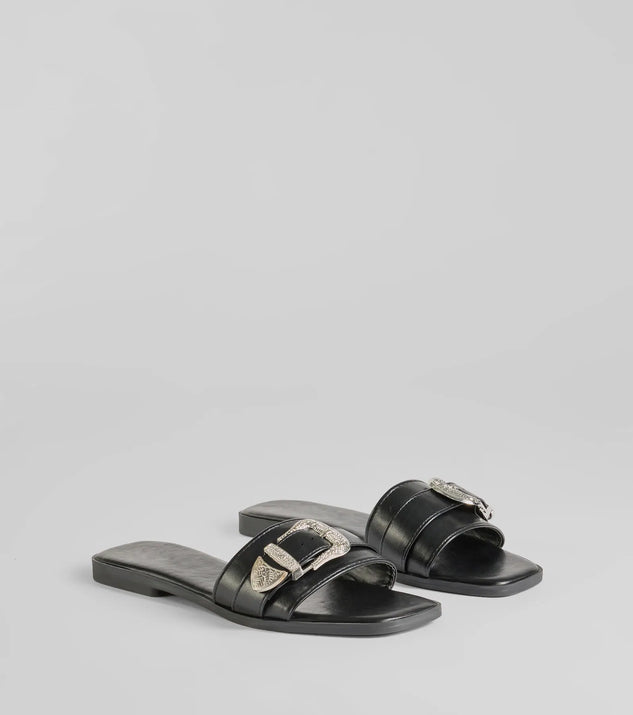 靴 MEDI WESTERN BUCKLE SANDALS Ladies Western Double-Buckle Slide Sandals | Five Below