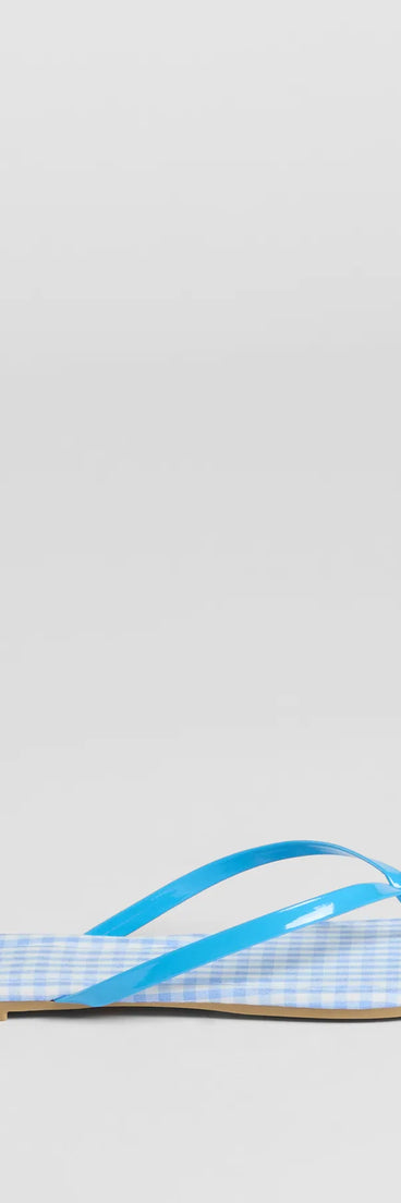 Elevate warm-weather looks with Cutie Vibe Gingham Print Thong Strap Sandals in blue, a pair of trendy sandals bringing chic, modern flair to every step.