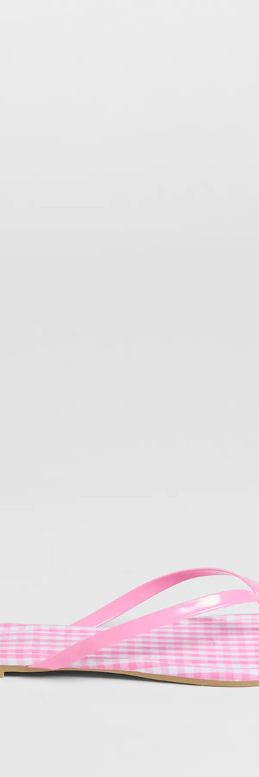 Elevate warm-weather looks with Cutie Vibe Gingham Print Thong Strap Sandals in pink, a pair of trendy sandals bringing chic, modern flair to every step.