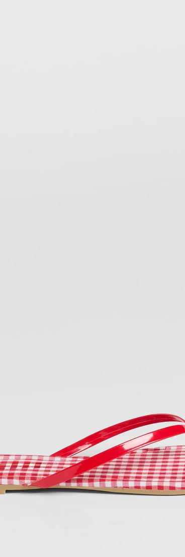 Elevate warm-weather looks with Cutie Vibe Gingham Print Thong Strap Sandals in red, a pair of trendy sandals bringing chic, modern flair to every step.