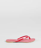 Elevate warm-weather looks with Cutie Vibe Gingham Print Thong Strap Sandals in red, a pair of trendy sandals bringing chic, modern flair to every step.