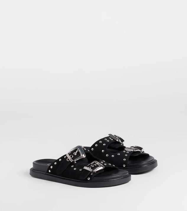 The Cool Girl Studded Western Buckle Sandals in black brings edge and energy to your vibe, ready to elevate any festival look or concert outfit.