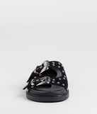 The Cool Girl Studded Western Buckle Sandals in black brings edge and energy to your vibe, ready to elevate any festival look or concert outfit.