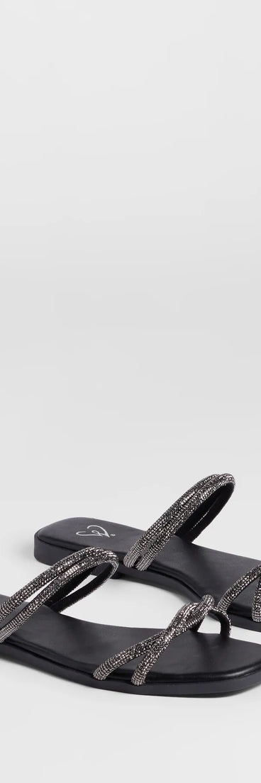 Elevate warm-weather looks with Memorable Muse Rhinestone Strappy Sandals in black, a pair of trendy sandals bringing chic, modern flair to every step.