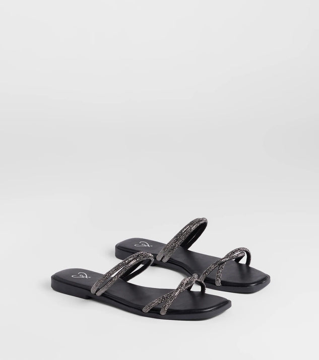 Elevate warm-weather looks with Memorable Muse Rhinestone Strappy Sandals in black, a pair of trendy sandals bringing chic, modern flair to every step.