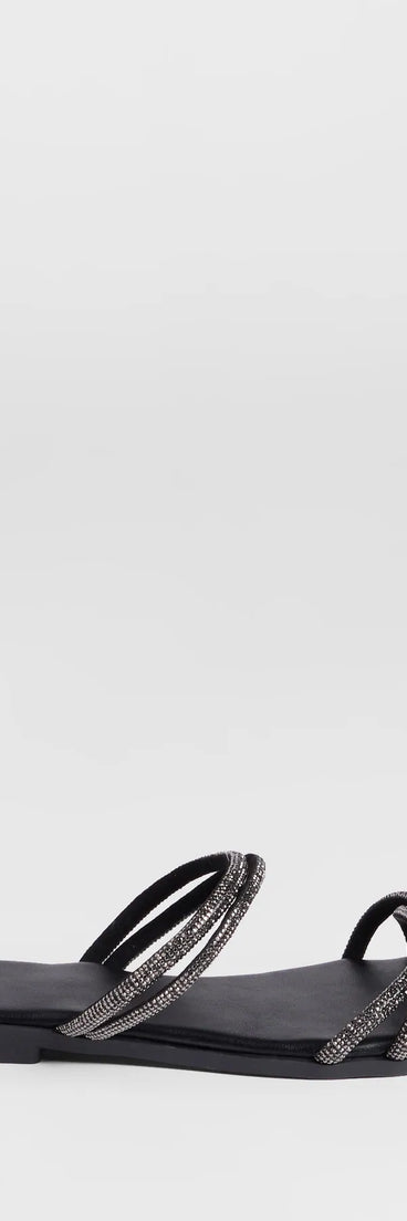 Elevate warm-weather looks with Memorable Muse Rhinestone Strappy Sandals in black, a pair of trendy sandals bringing chic, modern flair to every step.