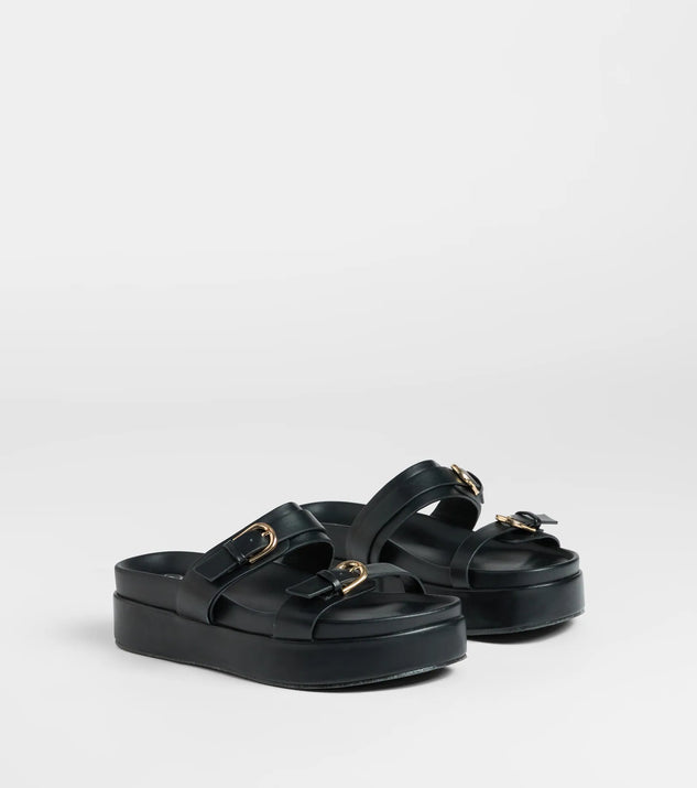 On A New Level Buckle Strappy Platform Sandals