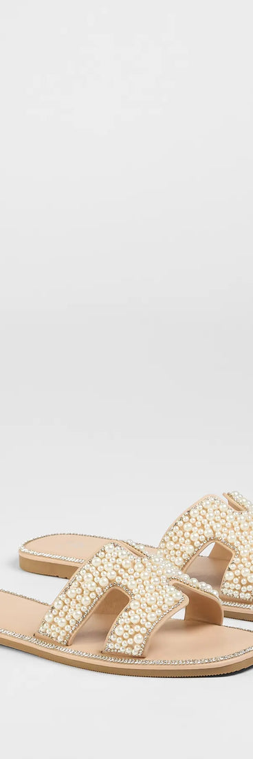 Elevate warm-weather looks with Simple Poise Faux Pearl Rhinestone Flat Sandals in nude, a pair of trendy sandals bringing chic, modern flair to every step.