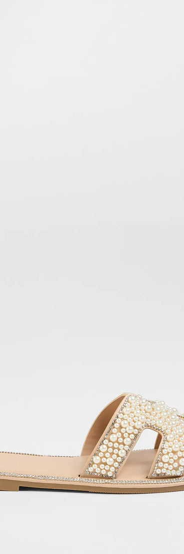 Elevate warm-weather looks with Simple Poise Faux Pearl Rhinestone Flat Sandals in nude, a pair of trendy sandals bringing chic, modern flair to every step.