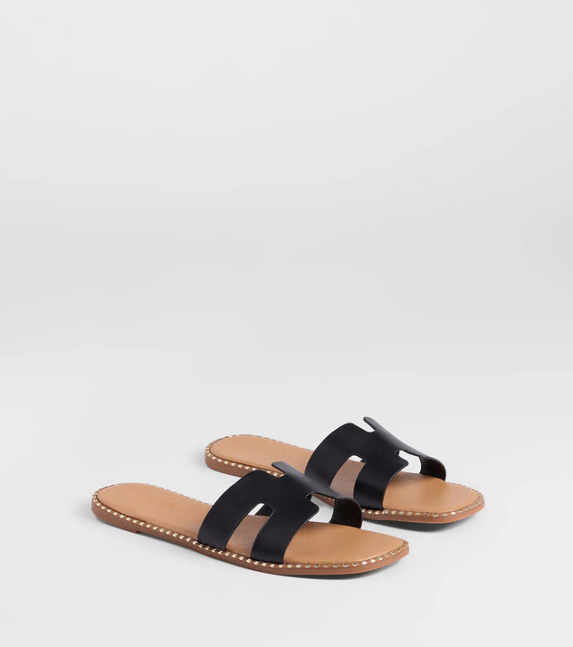 Stay on-trend this season with the Simply Chic Cutout Strap Flat Sandals in black, a must-have for creating stylish and effortless spring outfits for women.