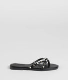 Stay on-trend this season with the Stylishly Glam Strappy Rhinestone Pearl Sandals in black, a must-have for creating stylish and effortless spring outfits for women.
