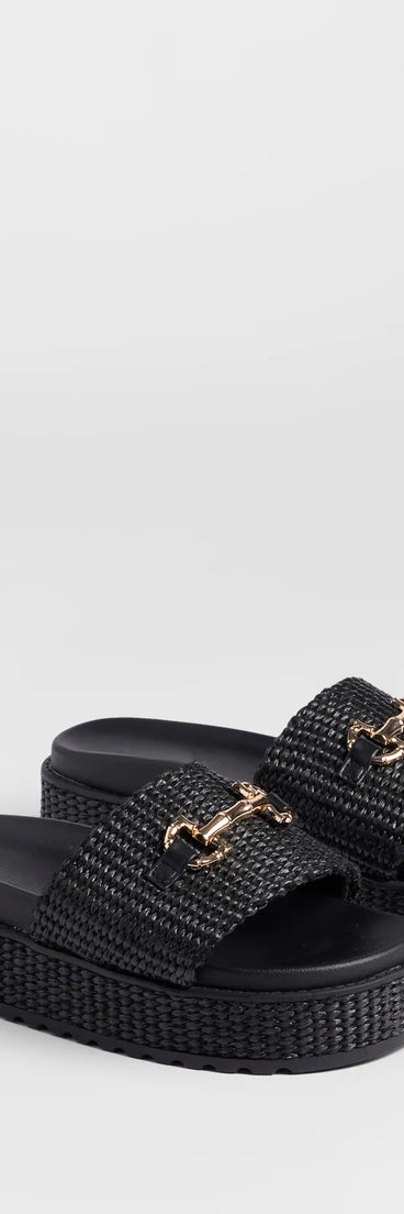 Stay on-trend this season with the Slide Into Spring Platform Straw Sandals in black, a must-have for creating stylish and effortless spring outfits for women.