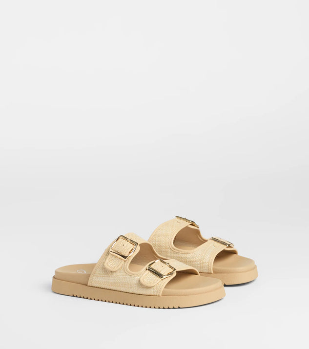 Under The Sun Straw Buckle Slide Sandals