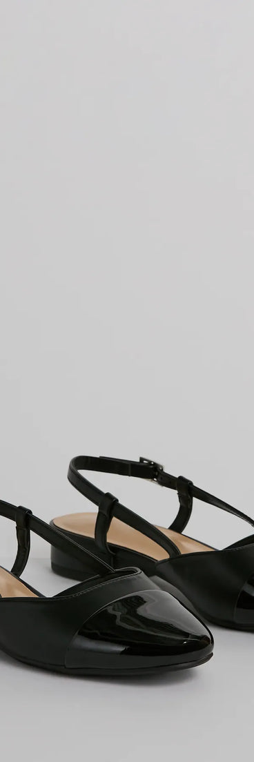 The New Expression Square Toe Slingback Patent Flats are women's black shoes for work, featuring a sleek silhouette and cushioned sole for all-day comfort, and are a trendy choice for professional or business casual outfits.