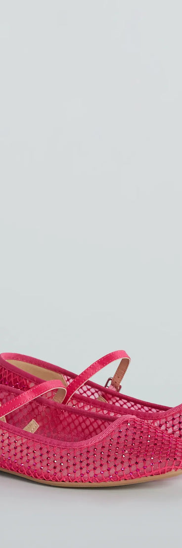 The Gleaming Rhinestone Sheer Mesh Ballet Flats are women's pink shoes for work, featuring a sleek silhouette and cushioned sole for all-day comfort, and are a trendy choice for professional or business casual outfits.