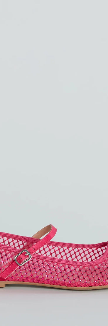 The Gleaming Rhinestone Sheer Mesh Ballet Flats are women's pink shoes for work, featuring a sleek silhouette and cushioned sole for all-day comfort, and are a trendy choice for professional or business casual outfits.