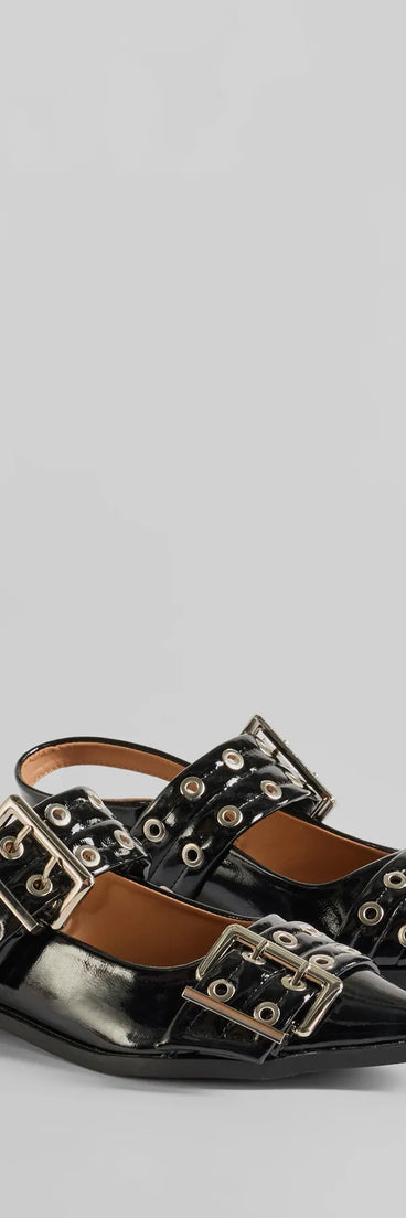 The Trendy Look Pointed Toe Buckle Slingback Flats are women's black shoes for work, featuring a sleek silhouette and cushioned sole for all-day comfort, and are a trendy choice for professional or business casual outfits.