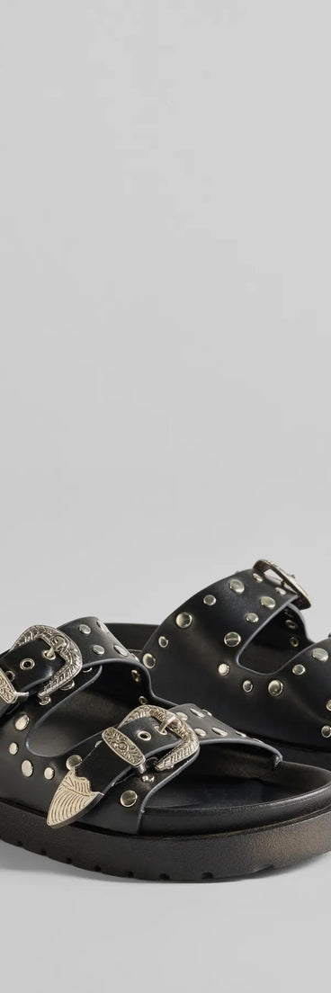 The On Trend Western Buckle Faux Leather Slide Sandals in black brings edge and energy to your vibe, ready to elevate any festival look or concert outfit.