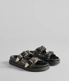 The On Trend Western Buckle Faux Leather Slide Sandals in black brings edge and energy to your vibe, ready to elevate any festival look or concert outfit.