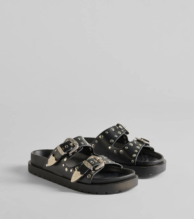 The On Trend Western Buckle Faux Leather Slide Sandals in black brings edge and energy to your vibe, ready to elevate any festival look or concert outfit.
