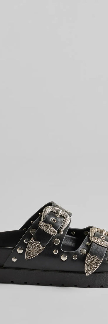 The On Trend Western Buckle Faux Leather Slide Sandals in black brings edge and energy to your vibe, ready to elevate any festival look or concert outfit.