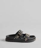 The On Trend Western Buckle Faux Leather Slide Sandals in black brings edge and energy to your vibe, ready to elevate any festival look or concert outfit.