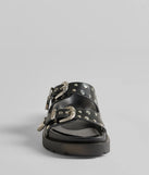 The On Trend Western Buckle Faux Leather Slide Sandals in black brings edge and energy to your vibe, ready to elevate any festival look or concert outfit.