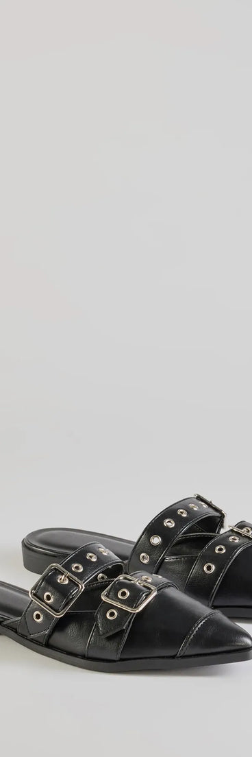 The Edgy Flair Faux Leather Buckle Strap Flats are women's black shoes for work, featuring a sleek silhouette and cushioned sole for all-day comfort, and are a trendy choice for professional or business casual outfits.