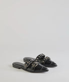 The Edgy Flair Faux Leather Buckle Strap Flats are women's black shoes for work, featuring a sleek silhouette and cushioned sole for all-day comfort, and are a trendy choice for professional or business casual outfits.